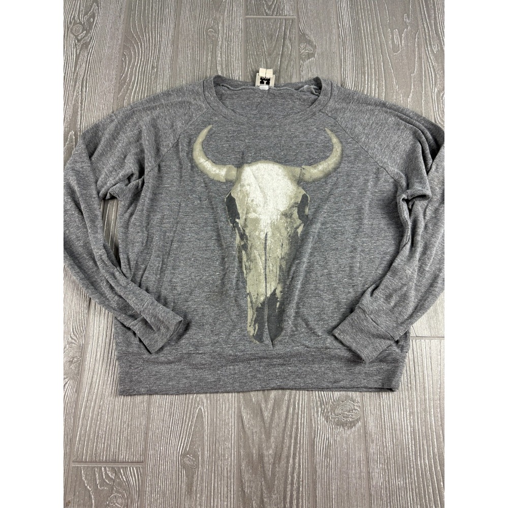 Haute Hippie Long Horn Graphic Tee Gray Long Sleeve XS